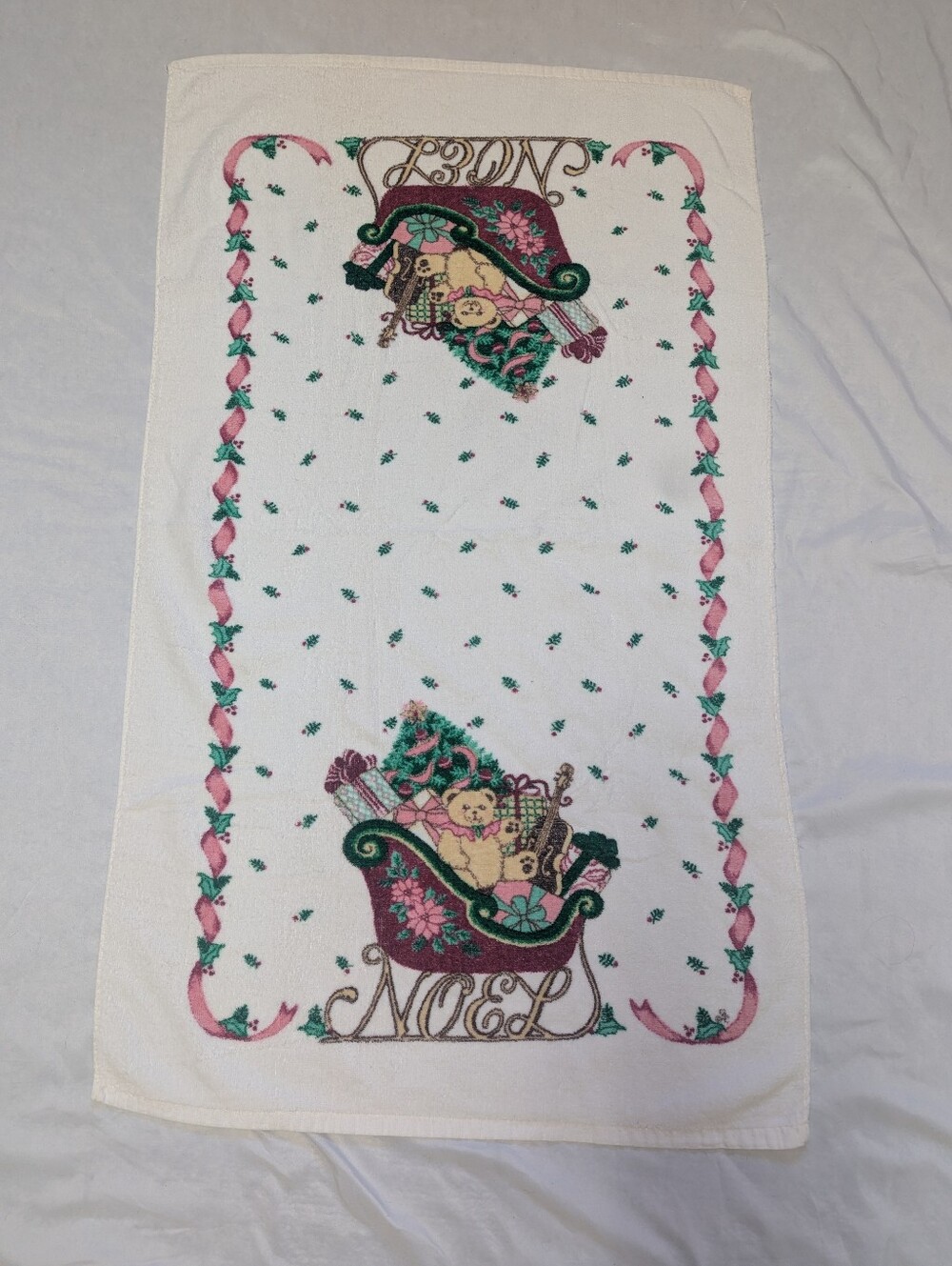 Vintage Christmas Holiday Decorative Bathroom Hand Towel 22" x 39" Teddy Sleigh